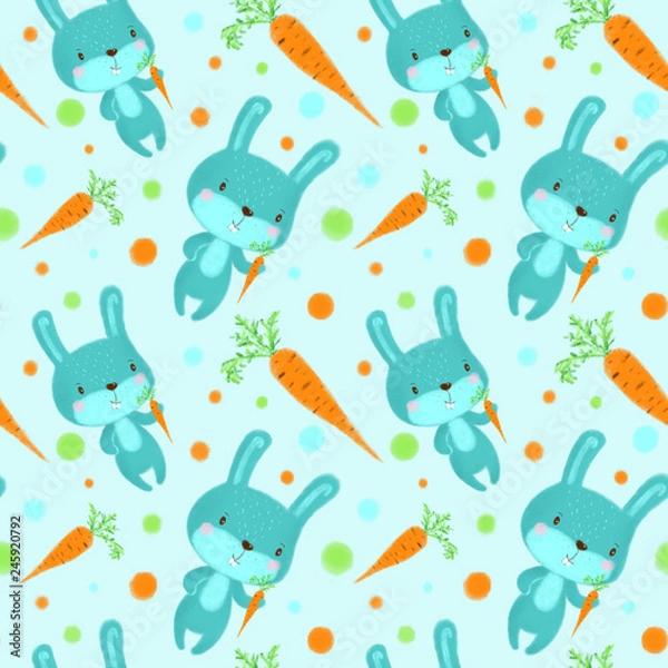 Fototapeta Seamless pattern with rabbits on light blues background