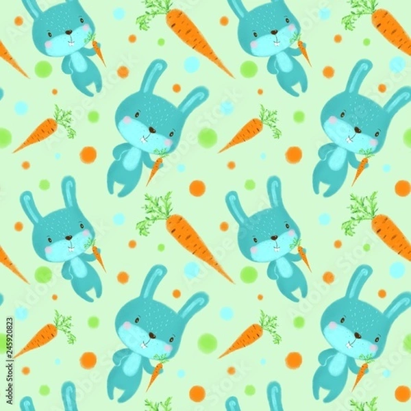 Fototapeta Seamless pattern with rabbits on light green background