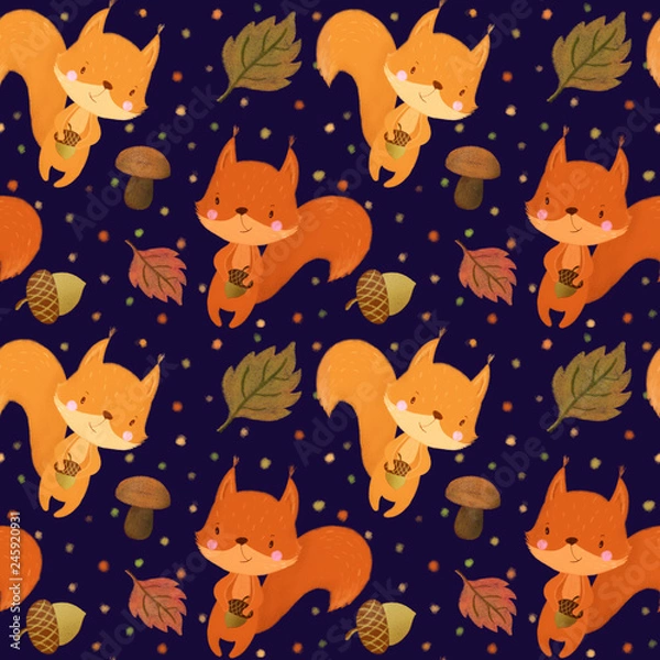 Fototapeta Seamless pattern with squirrels  on navy background