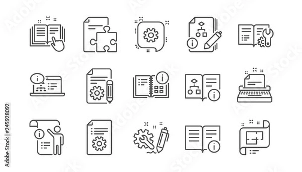 Fototapeta Technical documentation line icons. Instruction, Plan and Manual. Algorithm linear icon set.  Vector
