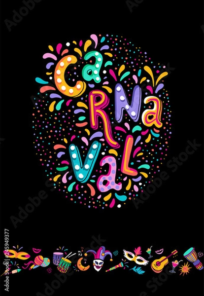 Fototapeta Vector Hand drawn Carnaval Lettering. Carnival Title With Colorful Party Elements, confetti and brasil samba dansing
