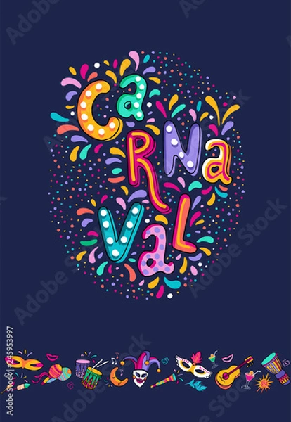 Fototapeta Vector Hand drawn Carnaval Lettering. Carnival Title With Colorful Party Elements, confetti and brasil samba dansing