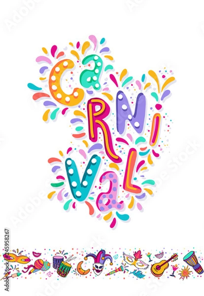 Fototapeta Vector Hand drawn Carnaval Lettering. Carnival Title With Colorful Party Elements, confetti and brasil samba dansing