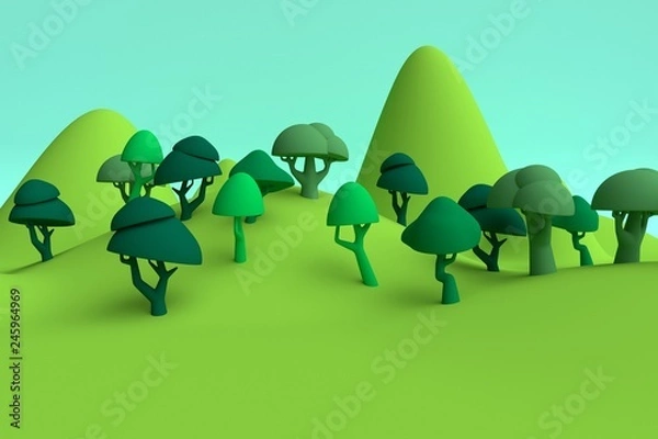 Obraz Summer green forest landscape with mountains. 3d rendering