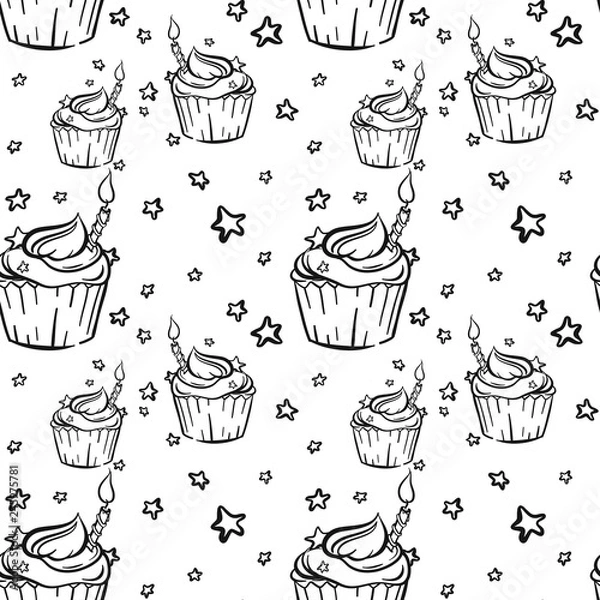 Obraz Hand Drawn Bithday Cupcake Seamless Outline Pattern
