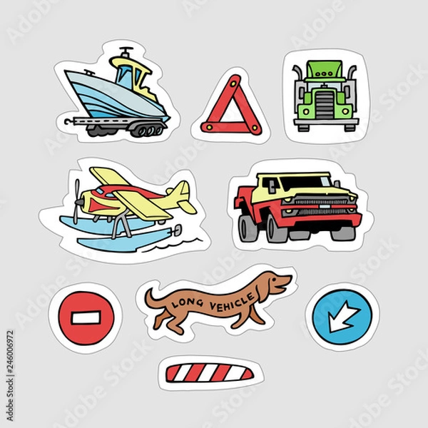 Fototapeta Vector illustration of cartoon handmade tech stickers. Set of isolated transport objects. Transportation symbol collection with boat, truck, sea plane.