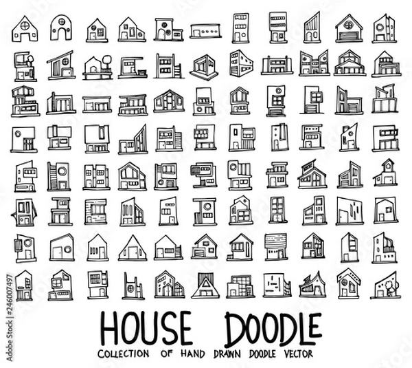 Fototapeta Set of Houses icons Drawing illustration Hand drawn doodle Sketch line vector eps10
