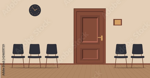 Fototapeta Office corridor on a cream background: waiting area for visitors with chairs and wooden boards on the floor.The door to the cabinet with a sign on the wall, navy wall clock.Vector illustration