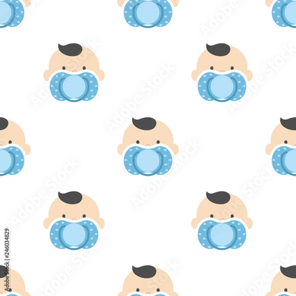 Fototapeta Seamless pattern baby boy child face with blue nipple on a white background. Vector cute children graphic textile print.