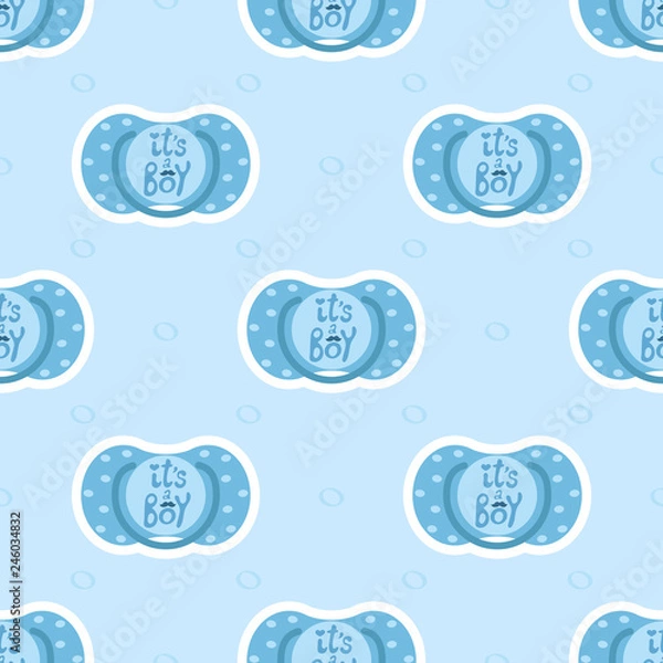 Fototapeta Seamless pattern baby child nipple on a blue background with hand drawn dots. Vector cute children graphic textile print with text - it's a boy. Trendy ornament fabric design