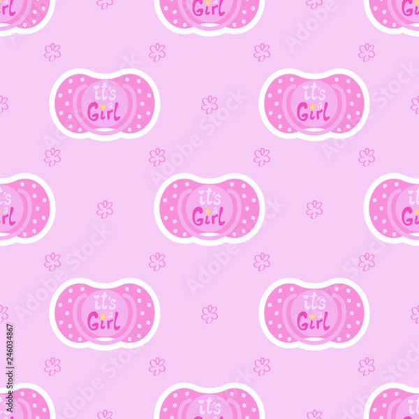 Fototapeta Seamless pattern baby child nipple on a pink background with hand drawn flowers. Vector cute children graphic textile print with text - it's a girl. Trendy ornament fabric design