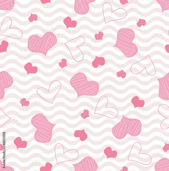 Fototapeta Cute girly seamless pattern with abstract hand drawn heart. Stylized love doodle textile print for Valentine's day holiday. Beautiful baby graphic fabric ornament with pink hearts and waves