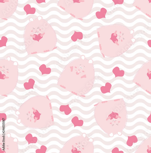 Fototapeta Kid fashion graphic with smile pink hamster or guinea pig with heart. Vector hand drawn illustration.  Baby seamless pattern print. St valentine day love textile design with cute animal on color wave.