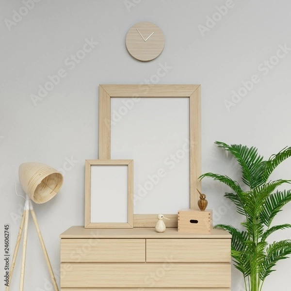 Fototapeta photorealistic house interior 3d illustration of two a1 and a3 empty poster mockup template with vertical wooden frame sitting on modern drawer in living room in front camera view