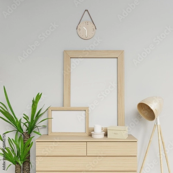 Fototapeta photoreal 3d render of cozy home interior 3d illustration of two a1 and a3 blank poster mockup with light wood frame sitting on wooden drawer in living room in front camera view