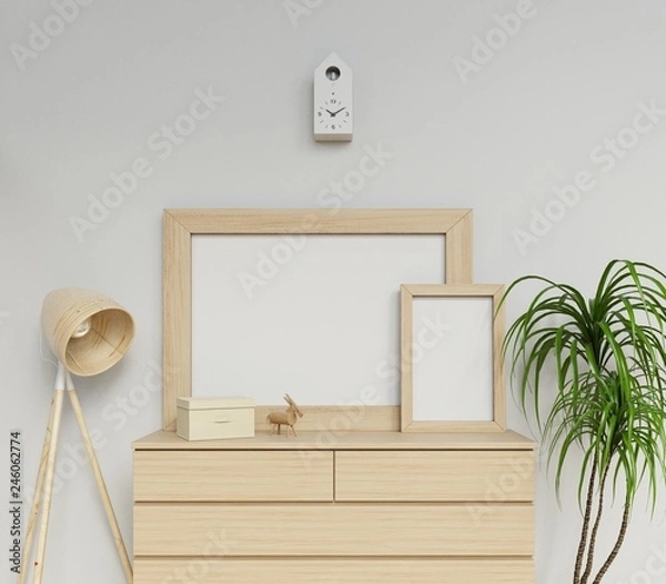 Fototapeta 3d photoreal illustration of scandinavian home interior with two a1 and a3 blank poster mockup with wooden frame sitting on simple drawer perfect for personal brand in front view