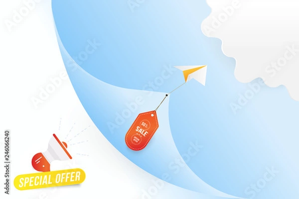 Fototapeta Big Sale 50% special offer. Paper airplane flying with red label on blue background with loudspeaker and clouds. Flat vector illustration EPS10.