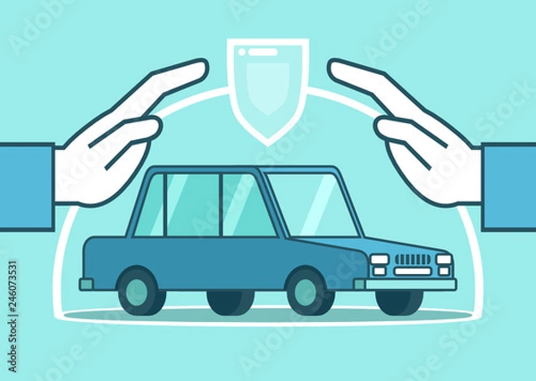 Obraz Two hands cover the car. Car insurance, safety, safe driving concept. Simple style vector illustration