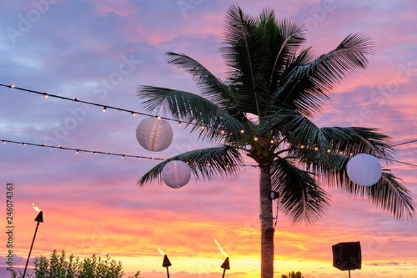 Obraz Hawaiian Sunset with palm trees on the beach