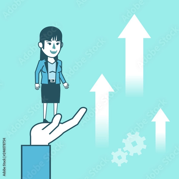 Fototapeta Big hand lifts up businesswoman. Get help in career, business growth. Simple style vector illustration