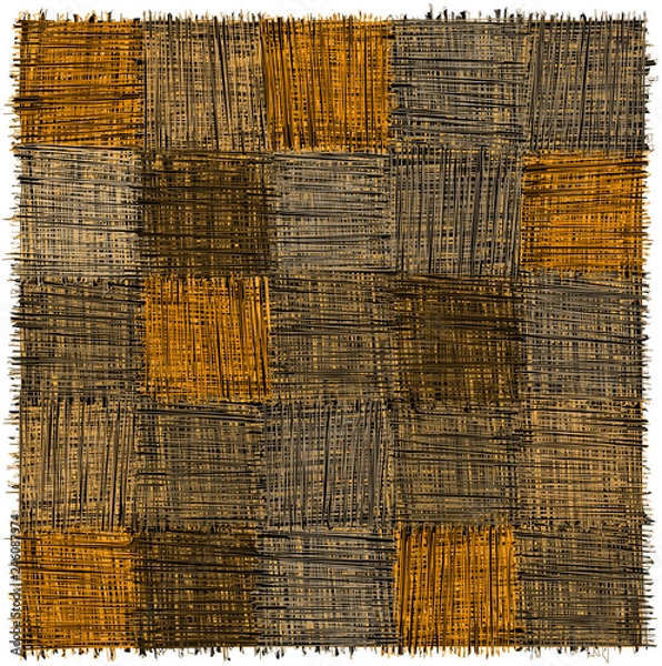 Fototapeta Rustic checkered mat with  grunge striped rough square elements in yelow,beige,grey,blak colors isolated on white