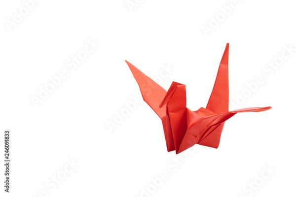 Fototapeta red bird paper crane origami isolated on white background