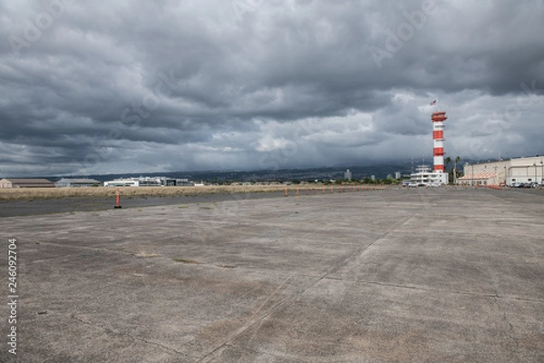 Fototapeta Military base airport runway with control tower