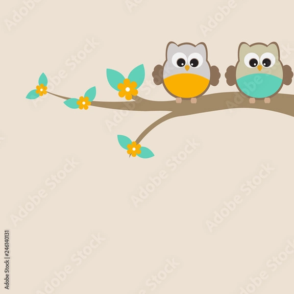 Fototapeta Vector greeting card on the theme of nature. Cute owls sitting on a tree.