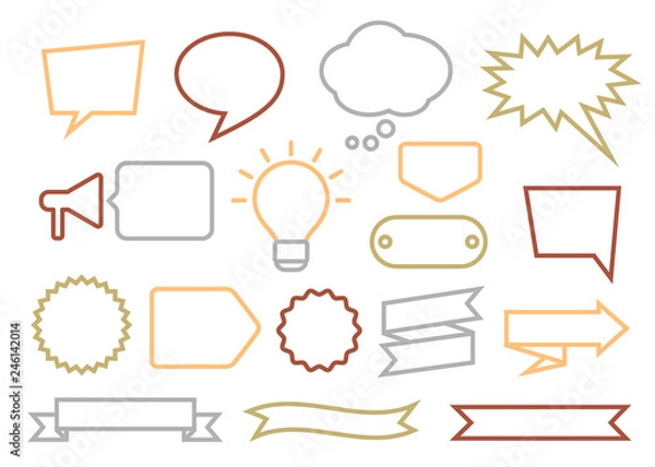 Fototapeta Set of colorful contoured speech bubbles, badges and ribbons in retro style. Vector illustration  for books, magazine, website or typographic materials.