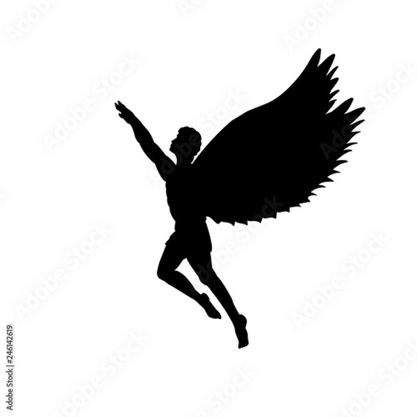 Fototapeta Flying man Icarus silhouette mythology symbol fantasy tale. Vector illustration.
