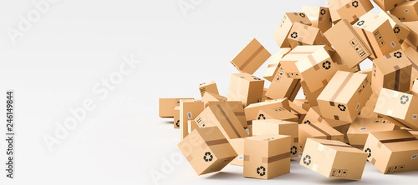 Obraz Cardboard boxes with empty space on left side, logistics and delivery concept. 3D Rendering