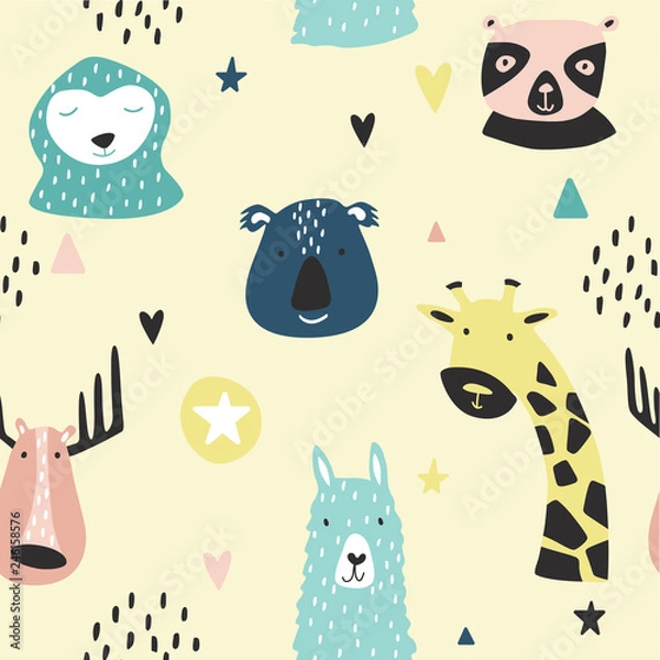 Fototapeta Safari baby animals seamless funny pattern.
