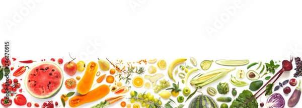 Obraz Banner from various vegetables and fruits isolated on white background, top view, creative flat layout. Concept of healthy eating, food background.