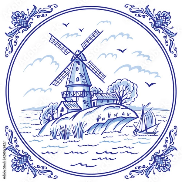 Fototapeta Krajobraz z wiatrakiem i łodzią w niebieskiej kolorystyce we wzorzystej ramie, wystrój w stylu Delft, obraz Gzhel, chińska porcelana, ilustracja wektorowa, dekoracje do różnych wzorów.