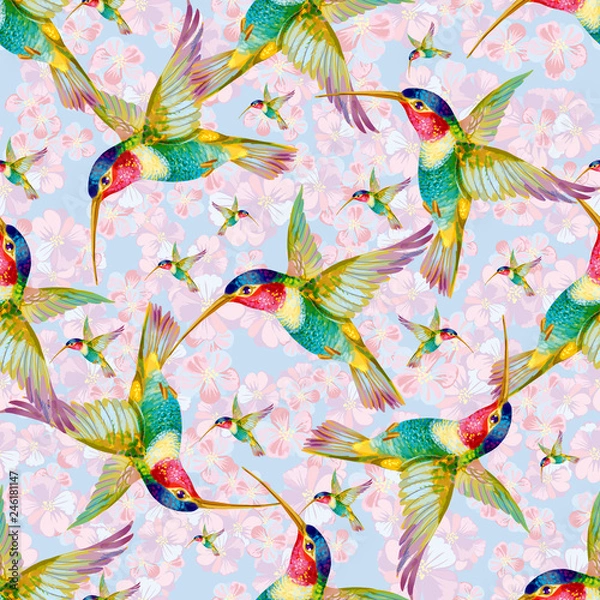 Obraz Flying hummingbird and light flowers. Seamless background pattern