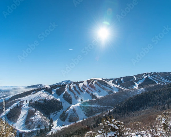Obraz Sunny view of a ski resort.  View of ski resort in Utah in the winter season.