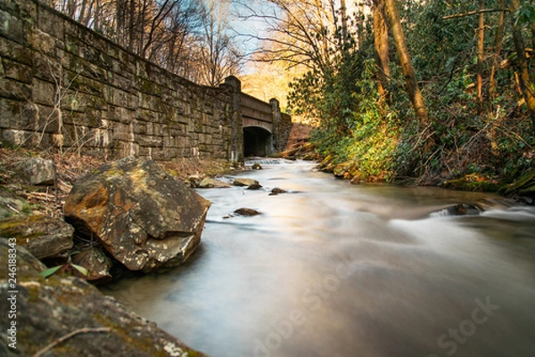 Obraz Stream flowing under a stone bridge in the forest.  Long exposure stream in a national forest.