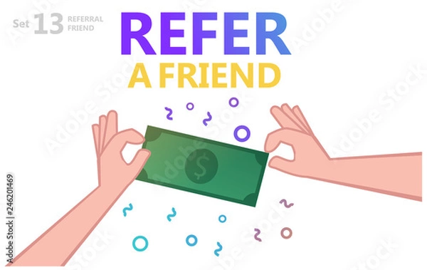 Fototapeta Refer a Friend Concept. Vector Illustration of two hands and Dollar Currency Banknote. Hand sharing money. - Vector