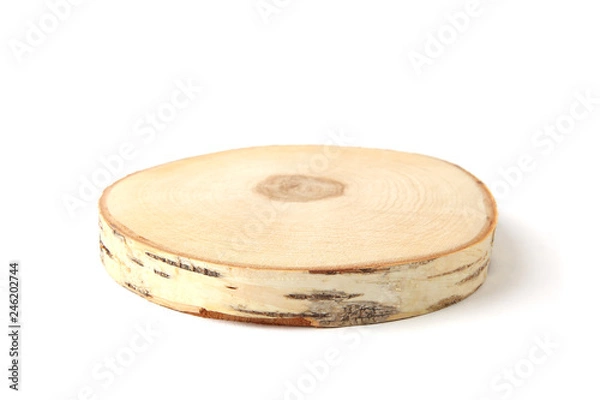 Fototapeta Serving wood tray isolated on white background. Cut birch tree round stump.