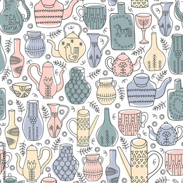 Fototapeta Vector seamless pattern of retro teapots, jugs and mugs with a variety of patterns. Hand-drawn color illustration.