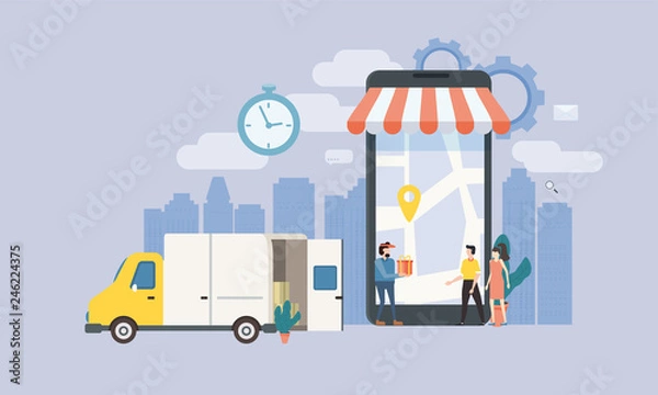 Fototapeta Concept Online delivery service, tracking online tracker, landing page. Tiny people, a truck with a delivery man, a man and a woman buyers, a package delivery, smartphone, a stopwatch. Internet
