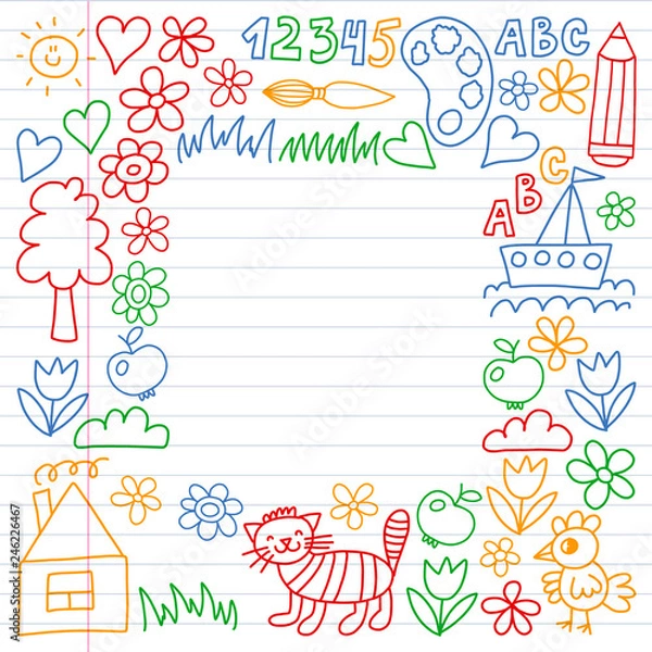 Fototapeta Kindergarten pattern, drawn kids garden elements pattern, doodle drawing, vector illustration, colorful. line.