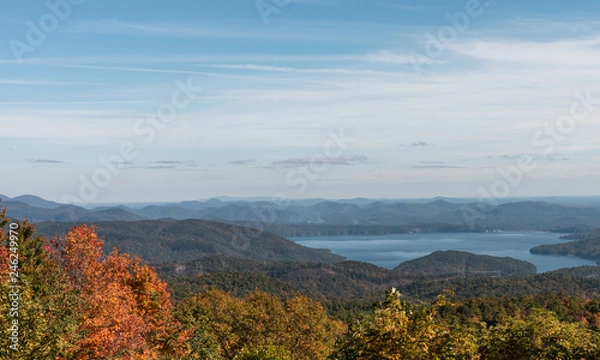 Obraz View of lake in the fall season.  Landscape from a mountain road in South Carolina.