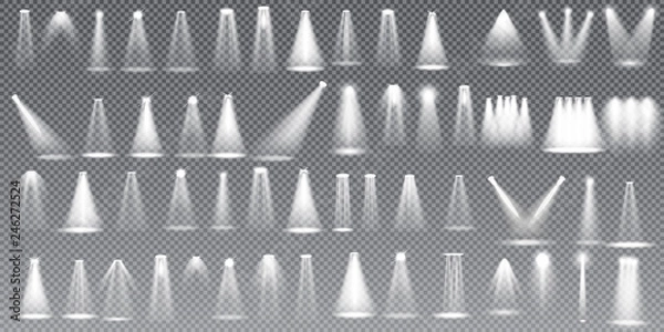 Fototapeta Scene illumination collection, Glowing  transparent Studio light effects. Bright lighting with spotlights. Vector Illustration