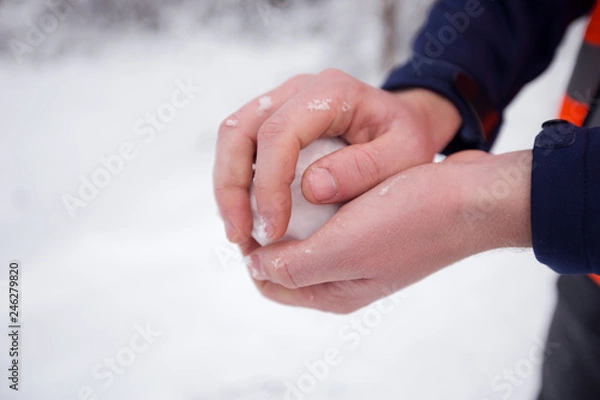 Fototapeta Hands holding fresh snow, man making snowball