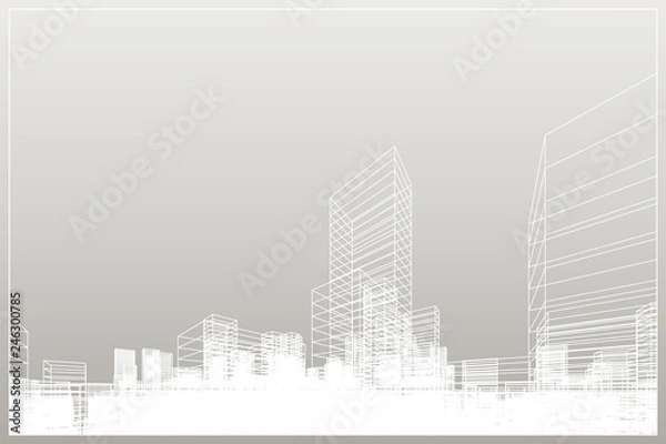Fototapeta Abstract wireframe city background. Perspective 3D render of building wireframe.