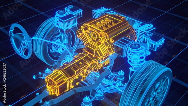 Fototapeta Working Car Internal Combustion Engine Scheme with chassis and wheels 3d render