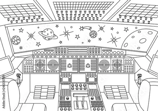Obraz Wnętrze statku kosmicznego we wszechświecie - kolorowanka