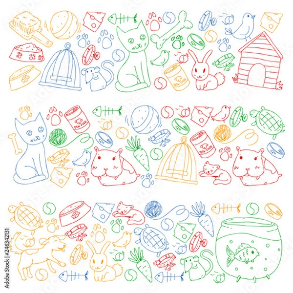 Obraz Pet shop. Vector illustration with animals, dog, cat, fish, Colorful background with kitten, bird, puppy. Veterinarian clinic.