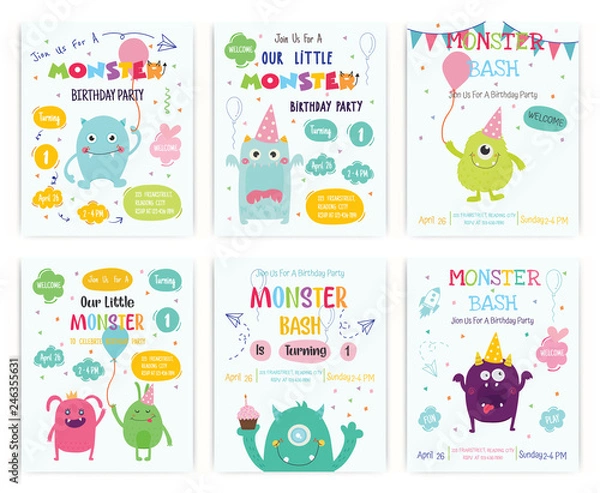 Obraz Set of cute monster happy birthday party invitation card design. Vector